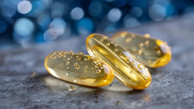 45Close-up of omega-3 capsules with tiny droplets of oil on surface, detailed textures visible, soft-focused background for supplement promotion - Powered by Adobe