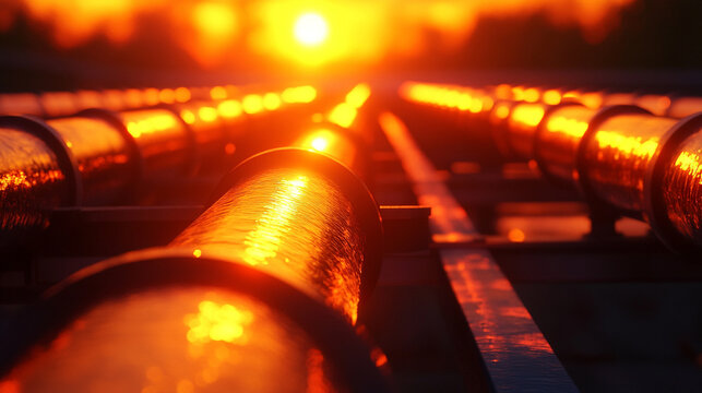 Hyperrealistic image of a metal pipe network glowing under the warm hues of sunset, symbolizing industrial beauty, energy flow, and the harmony between technology and nature’s fading light.