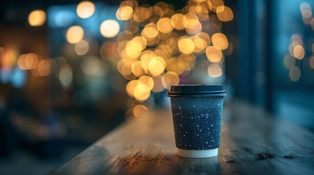 Enjoy a cozy coffee break in a warm, inviting cafe atmosphere with bokeh lights, perfect for relaxation or a productive work session