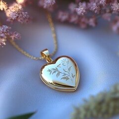 Goldheartlocket A small gold heart-shaped locket on a pastel fabric, opened to reveal a vintage photo and etched initials. isolated on white background Ultra HD, Very Realistic