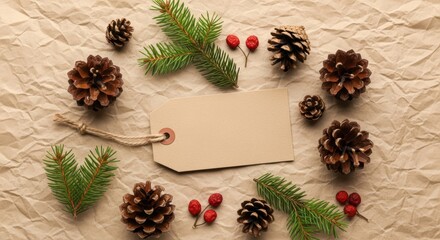 Obraz premium Christmas gift tag with pinecones and fir branches on kraft paper