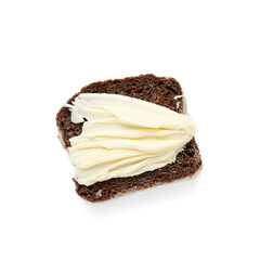 Slice of fresh bread with butter on white background