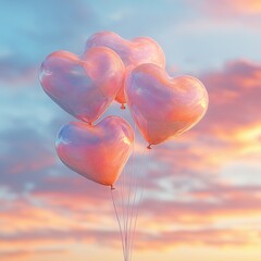 Heart-shapedballoons A group of glossy heart-shaped helium balloons in pink and red floating against a soft sky or pastel wall. isolated on white background Ultra HD, Very Realistic