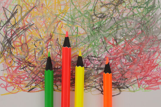 Neon pencil and hand drawn scrawl sketch line pattern. Pen crayon texture marker texture art abstract beige background. - Powered by Adobe