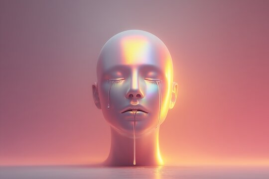 Emotional portrait of a glossy humanoid head with teardrops in a colorful light setting - Powered by Adobe