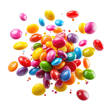 Colorful, rounded candies in various hues are scattered against a stark, black background