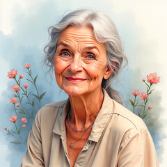 Gentle elderly woman with kind eyes and sweet smile in watercolor illustration with flowers