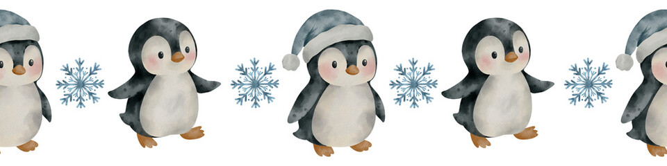 Cute watercolor Christmas repeated border with penguins and snowflakes on white background. Perfect for winter tape, cards, wrapping paper and New Year designs.