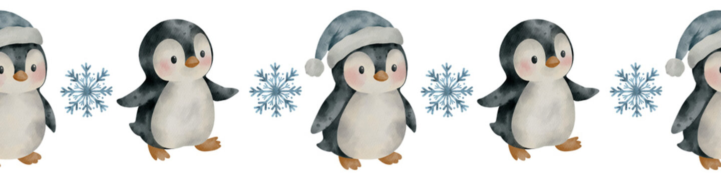 Cute watercolor Christmas repeated border with penguins and snowflakes on white background. Perfect for winter tape, cards, wrapping paper and New Year designs.