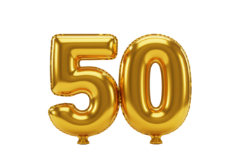 Large, 3D inflated golden metallic "50" Mylar balloon, perfect mirror reflections, isolated on a transparent background with copy space, celebratory milestone concept