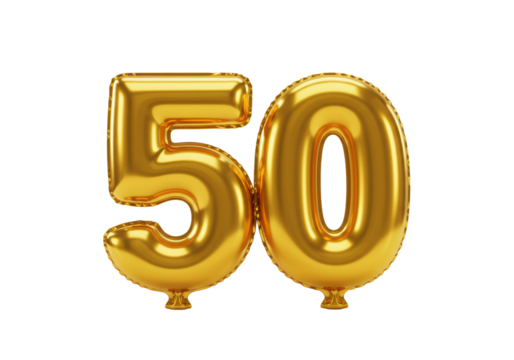 Large, 3D inflated golden metallic "50" Mylar balloon, perfect mirror reflections, isolated on a transparent background with copy space, celebratory milestone concept - Powered by Adobe