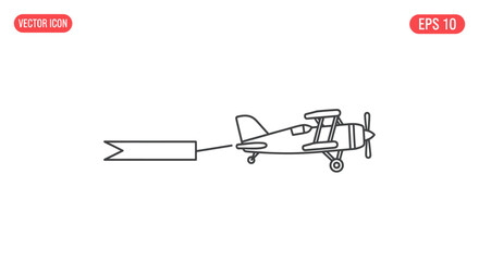 Vintage Biplane Outline Drawing Pulling Blank Banner. © wong