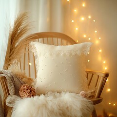Tullepillow A sheer tulle-covered pillow with lace edges, styled on a satin chair with fairy lights and plush accessories. isolated on white background Ultra HD, Very Realistic