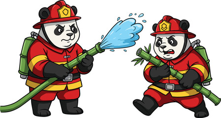 Funny cartoon panda firefighters spraying water, cute animal rescue team illustration, adorable panda fireman characters, emergency service concept art
