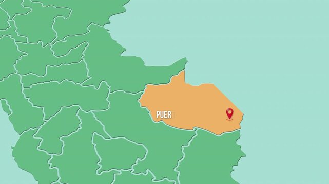 Mapa de Per&uacute; con divisi&oacute;n pol&iacute;tica resaltando el departamento de Madre de Dios y su capital Puerto Maldonado