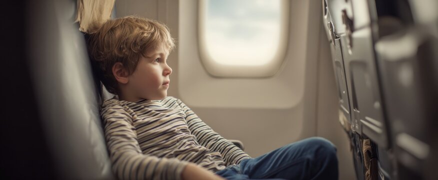 The boy gazing out airplane window during calm flight, thoughtful travel moment