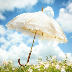 Laceumbrella An elegant white lace parasol, open on a field of flowers, with soft breeze and sunlight shining through the lace. isolated on white background Ultra HD, Very Realistic