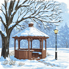Winter gazebo covered in snow with bare tree and lamppost in serene snowy landscape