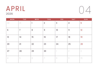 Monthly page Calendar Planner Template design of April 2026. Vector layout of calendar with week start Monday for Scheduling. Page for size A4 or 21x29.7 cm