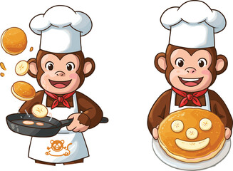 Happy cartoon monkey chef cooking banana pancakes, cute animal character wearing apron and hat, fun breakfast illustration