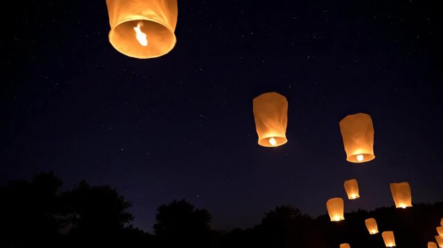 Glowing sky lanterns flying into the starry night sky. Releasing paper lanterns during a traditional festival. Celebration and hope concept. Vertical video with copy space