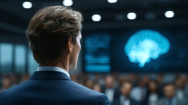 A professional AI ethicist giving a presentation on the ethical impact of emerging technologies in a high-tech conference room.AI ethicist ethics, future careers, tech jobs, AI res