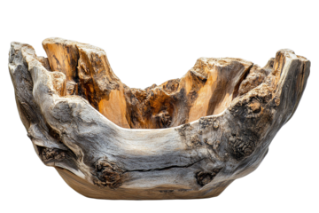 Artistic driftwood bowl sculpture, natural rustic decor element on transparent background