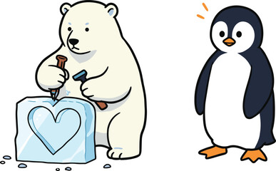 Cute polar bear carving ice heart sculpture, surprised penguin watching, funny arctic animal illustration, winter wildlife cartoon art