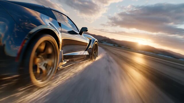 69Close-up of racing car tires skimming track edge, sparks igniting from contact, golden sunset reflecting off car body, dynamic motion captured