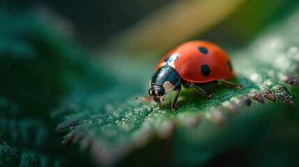   Close-up of a ladybug on a leaf with droplets on its legs