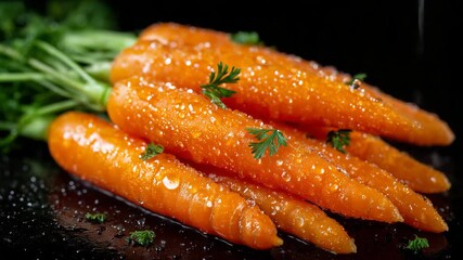Juicy orange carrots on glossy reflective background, fresh green stems upright, tiny water droplets glimmering under studio lighting - Powered by Adobe