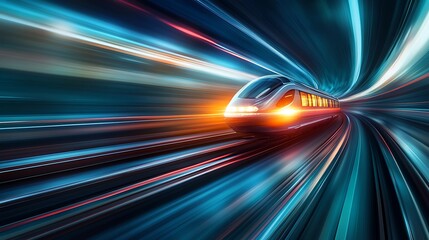 Highspeed train moving through a futuristic tunnel with motion blur, conveying advanced transportation and technological progress