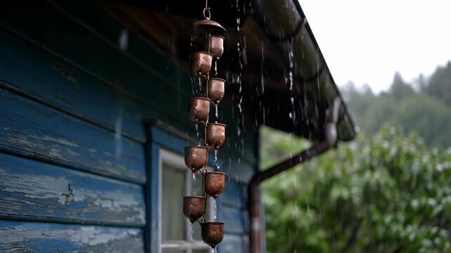 A copper rain chain with water flowing down from a roof gutter. Close-up of a traditional Japanese kusari-doi during a rainstorm. Rustic house exterior with peeling blue paint