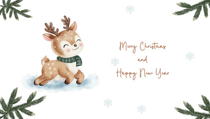 Watercolor greeting card an adorable fawn in green scarf framed by spruce branches. Happy New Year and Merry Christmas in elegant lettering. Hand drawn in whimsical style on white background.