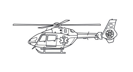 Black and White Line Art of an Air Ambulance Helicopter with Star of Life. © wong