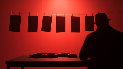 Silhouette in the darkroom: a figure studies freshly developed photos hanging to dry, bathed in a deep red glow. Mystery and anticipation fill the air.