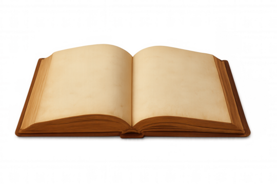 Open book showing blank aged pages, representing knowledge, education, storytelling, and old texts. Transparent background