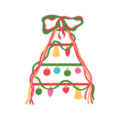 Modern Christmas tree vector illustration. Minimalist winter holiday tree wall decoration made of ribbons, ornaments, garlands and festive bow isolated on white background. Bright colorful xmas decor