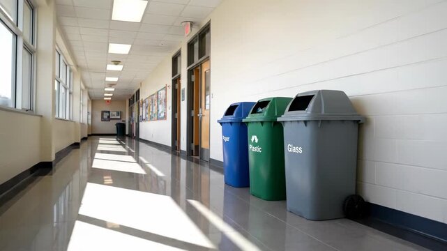 Empty school hallway with recycling bins for paper, plastic, and glass. Slow forward dolly shot down a sunlit corridor. Education and environmental sustainability concept