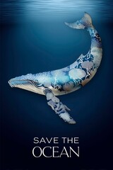 Whale swimming underwater with ocean patterns and save the ocean text  