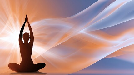 Silhouette of woman practicing yoga with hands raised in calm setting  