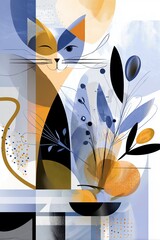Abstract illustration of a cat surrounded by flowers and fruits  