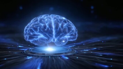 glowing blue AI hologram floats above a futuristic digital platform, with animated neural network patterns branching out in all directions. The background features flowing data - Powered by Adobe