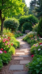Winding Garden Path with Colorful Flowers and Stone Borders Leading to a Tranquil Seating Area ? Perfect Landscaping and Home Decor Inspiration
