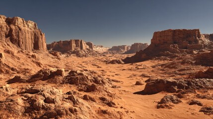 A vast desert scene shows rugged cliffs and rocky terrain bathed in warm sunlight. The clear sky highlights the arid beauty of the landscape and the distant formations.
