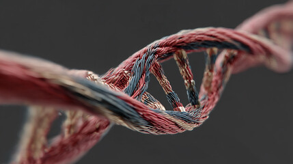 Hyperrealistic image of network cables twisted into a DNA double helix shape, symbolizing connectivity, technology, data flow, innovation, and the fusion of biology and modern digital networks.