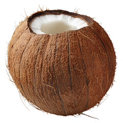 Half open brown coconut with white flesh, isolated on transparent background