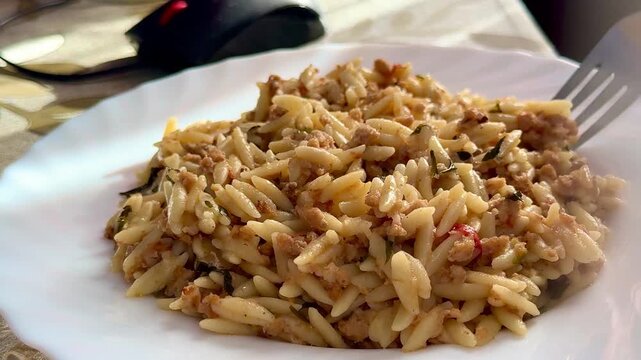Orzo pasta dish with ground meat and tomato sauce. Plate of orzo pasta with meat sauce.