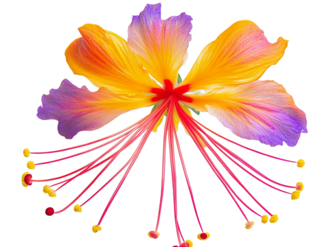 Vibrant yellow and purple flower with long red stamens and yellow pollen isolated on a transparent background