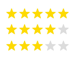 Customer product service rating system with five, four, and three yellow stars and gray empty stars on white background. Five star rating scale showing excellent, good and average performance feedback